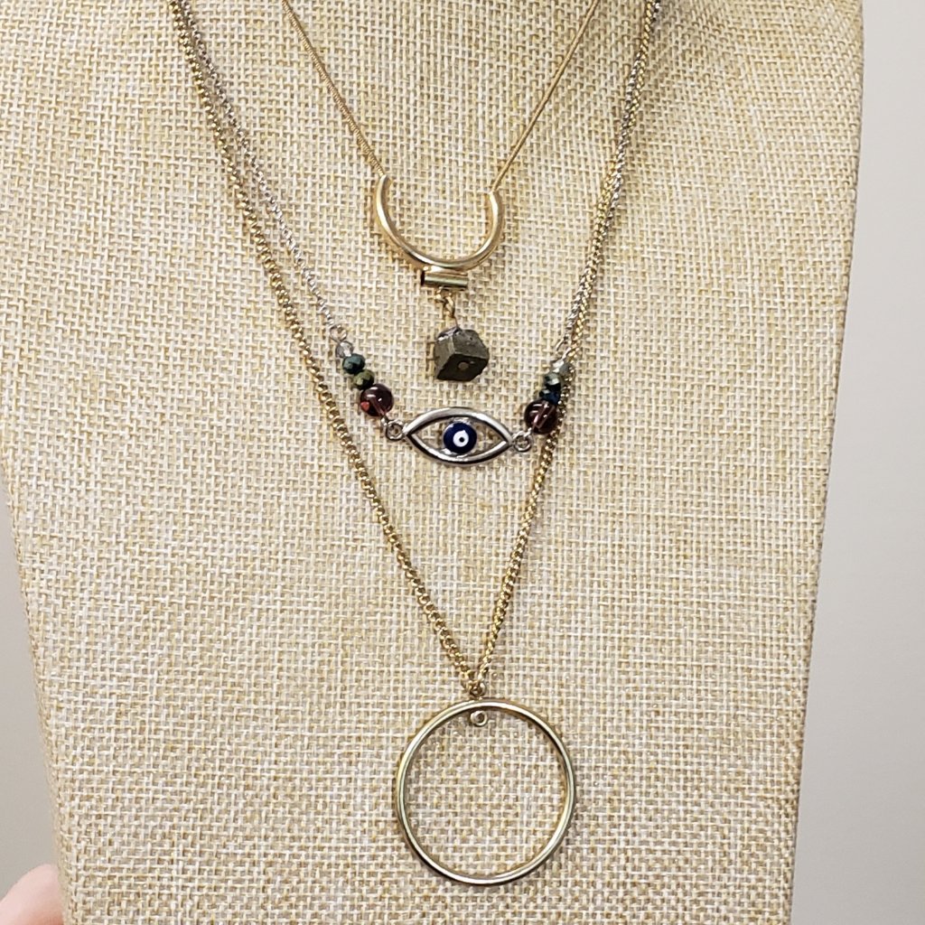 Freedom, 3 Layer Gold, Rough Kyanite, Evil Eye, Charm Fashion Necklace